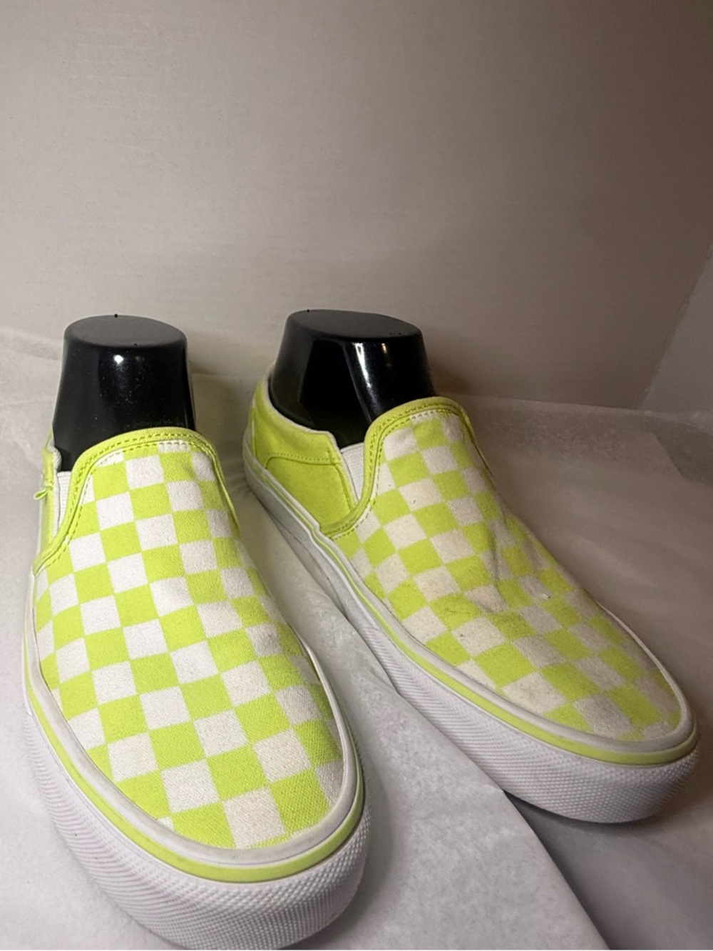 Vans Women's Slip-On Checkerboard Sneakers in Neon Yellow and White